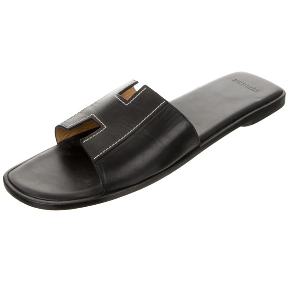 Hermes Black Leather Slide Sandals 41 Contrast Stitching Authentic - Picture 2 of 9